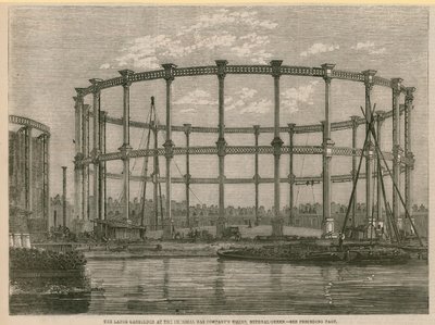 Le grand réservoir de gaz aux travaux de la Imperial Gas Company, Bethnal Green, Londres - English School