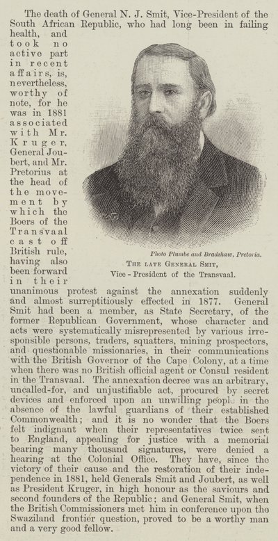 Feu le général Smit, vice-président du Transvaal (gravure) - English School