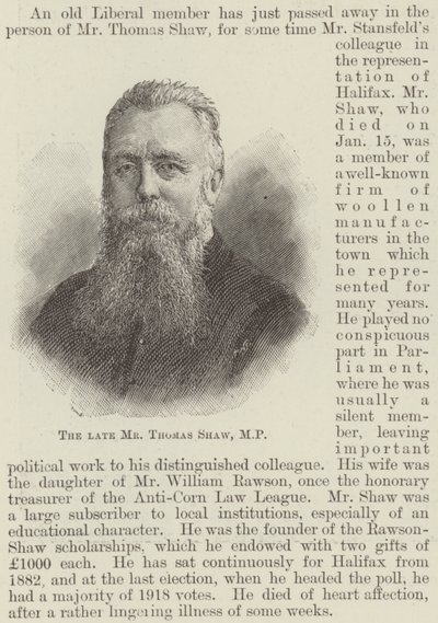 Le défunt M. Thomas Shaw, MP (gravure) - English School
