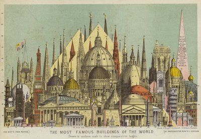 Les bâtiments les plus célèbres du monde, montrant les hauteurs comparatives (lithographie en couleur) - English School
