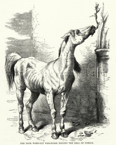 Le pauvre cheval de guerre épuisé sonnant la cloche de la justice - English School