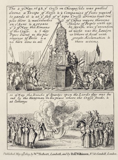 La destruction de la croix de Cheapside par les iconoclastes et les puritains, et le brûlage du Livre des Sports au même endroit le dimanche suivant en mai 1643, 1809 - English School