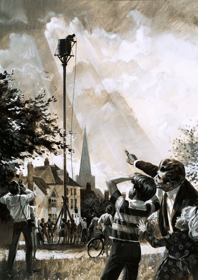 Le record de rester assis sur un poteau était détenu par Jim Dean de Dallas, Texas (gouache sur papier) - English School