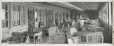 Le somptueux café parisien sur le Titanic, avec son treillis et ses plantes grimpantes (détail) - English School