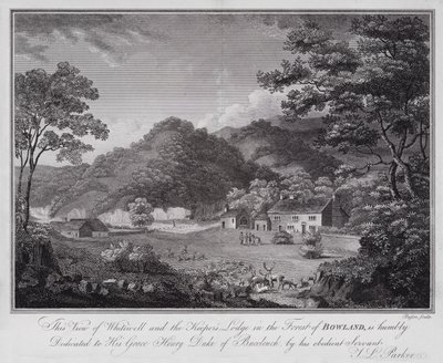 Vue de Whitewell et du pavillon du gardien dans la forêt de Bowland, dédiée humblement à Son Altesse Henry Duc de Buccleuch, par son obéissant serviteur J L Parker (gravure) - English School