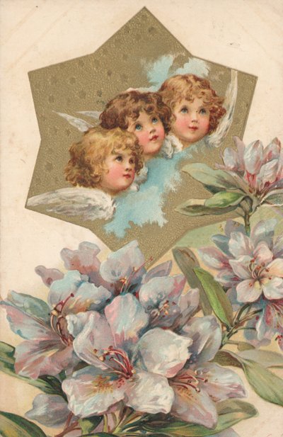 Trois chérubins dans une image décorée de fleurs - English School