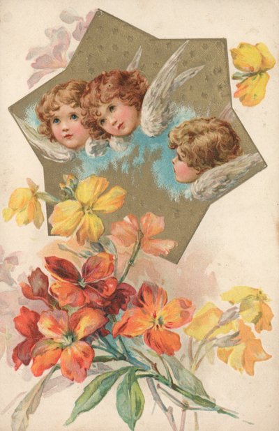 Trois chérubins dans une image décorée de fleurs - English School