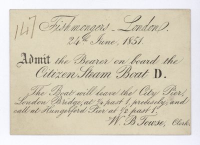 Billet pour les poissonniers de Londres pour une excursion en bateau sur le Citizen Steam Boat, 24 juin 1851 - English School