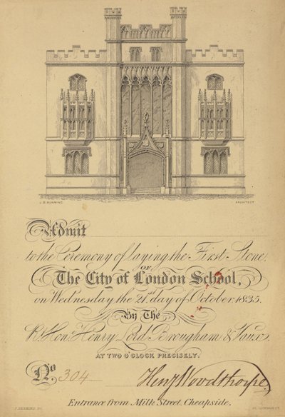 Billet pour la pose de la première pierre de la City of London School, 21 octobre 1835 - English School