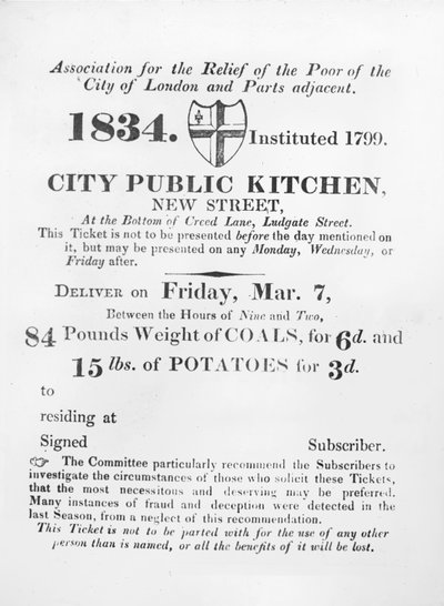 Billet délivré aux pauvres pour recevoir du charbon et des pommes de terre de la Cuisine publique de la ville, New Street, Londres, 1834 - English School