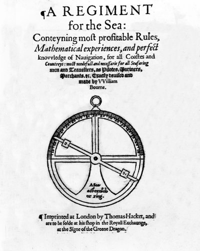 Page de titre de A Regiment for the Sea par William Bourne, publié vers 1574 - English School