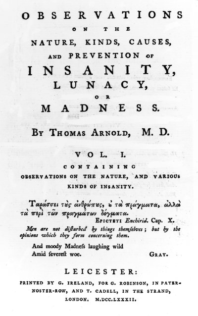Page de titre de Observations sur la nature, les types, les causes et la prévention de la folie, de la démence ou de la folie par Thomas Arnold, publié en 1782 - English School