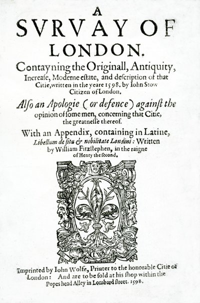 Page de titre de A Survey of London par John Stow, publiée en 1598 - English School