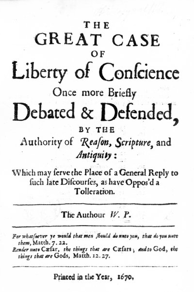 Page de titre de La Grande Affaire de la Liberté de Conscience par William Penn, publié en 1670 - English School
