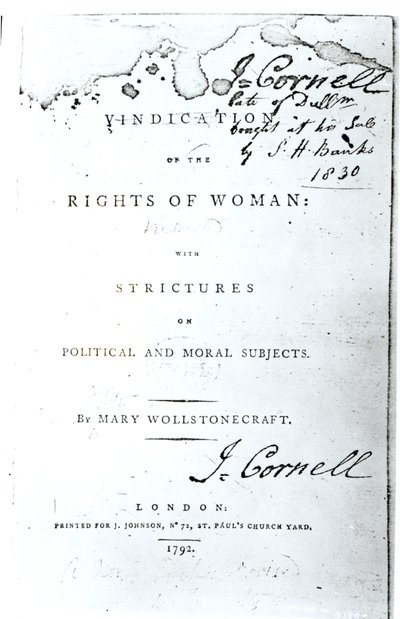 Page de titre de Vindication of the Rights of Woman par Mary Wollstonecraft, publié en 1792 - English School