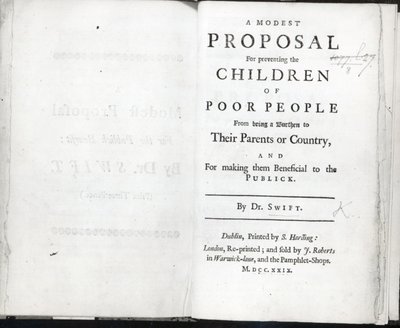 Page de titre de A Modest Proposal de Jonathan Swift, publiée en 1729 - English School