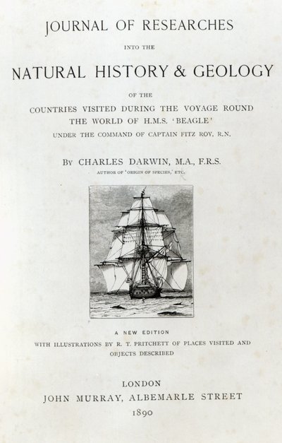 Page de titre de The Voyage of the Beagle par Charles Darwin, édition publiée en 1890 - English School