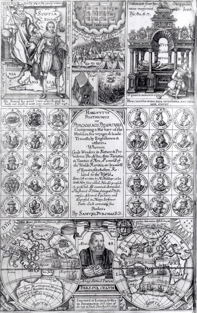 Page de titre de la première édition de Hakluytus Posthumus or Purchas His Pilgrimes, publié en 1625 - English School