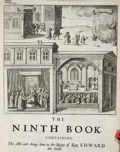 Page de titre du neuvième livre, illustration des Actes et Monuments de John Foxe, neuvième édition, pub. 1684 - English School