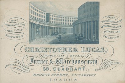 Carte de visite publicitaire de Christopher Lucas, grossiste et détaillant en fourrures et entrepôt, 59, Quadrant, Regent Street, Piccadilly, Londres - English School