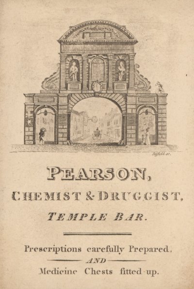 Carte de visite pour Pearson, chimiste et pharmacien, Temple Bar, Londres (gravure) - English School