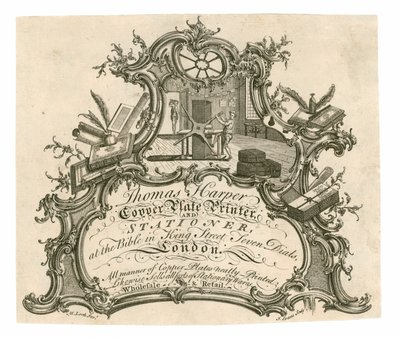 Carte de visite pour Thomas Harper, imprimeur sur cuivre et papetier - English School