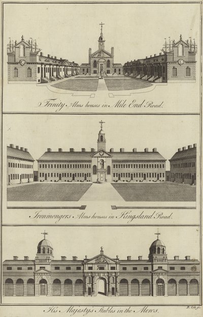 Trinity Almshouses à Mile End Road, Ironmongers Almshouses à Kingsland Road et les Écuries de Sa Majesté dans les Mews, Londres - English School