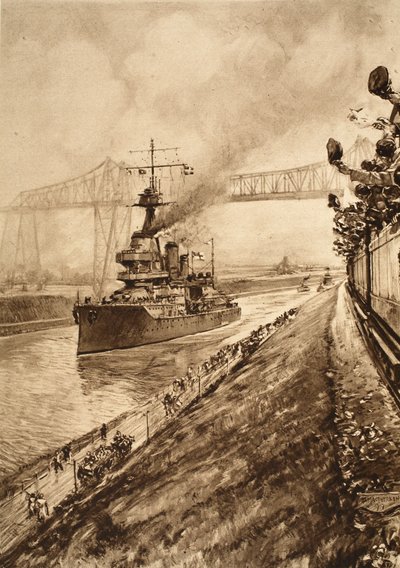 Preuve triomphale de la suprématie navale britannique : H.M.S Hercules passant par le canal de Kiel, 1914-19 - English School