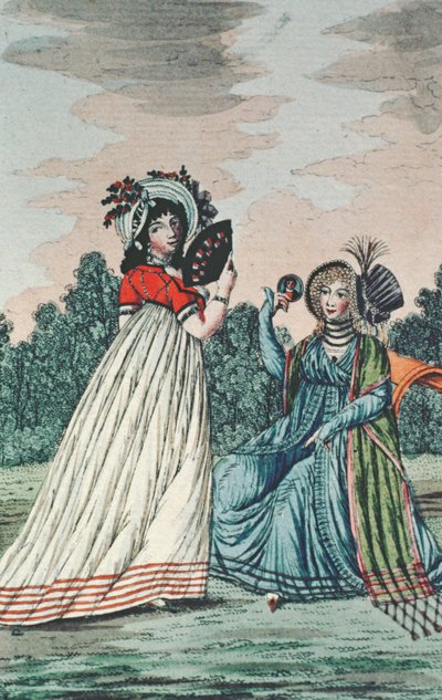 Deux dames à la mode dans un jardin, vers 1800 (gravure en couleur) - English School