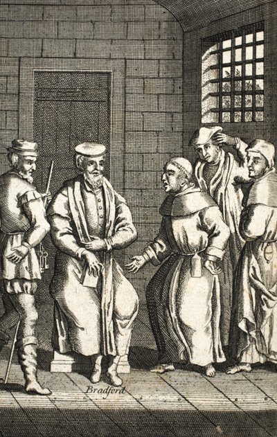 Deux frères espagnols parlant avec M. Bradford, illustration des Martyrs de Foxe vers 1703 - English School