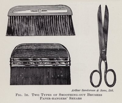 Deux types de brosses de lissage, cisailles de tapissier (lithographie) - English School
