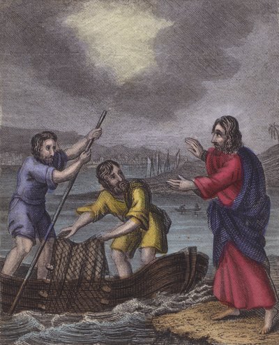 Deux pêcheurs concentrés sur leur pauvre emploi ... (gravure en couleur) - English School