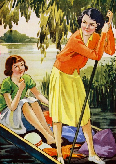 Deux filles faisant du canotage sur une rivière - English School