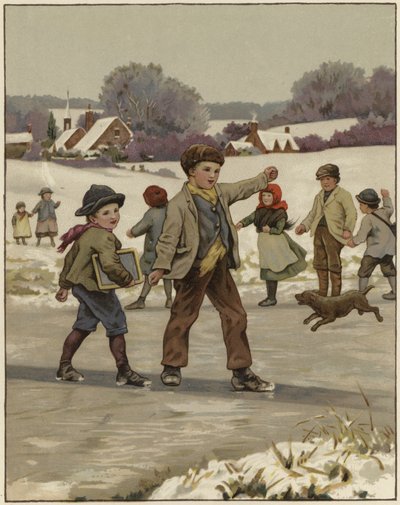 Deux jeunes garçons patinant sur un lac gelé - English School