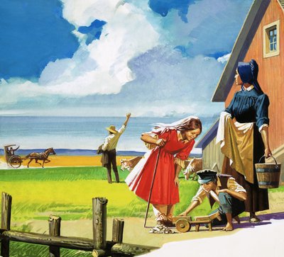 Scène rurale américaine non identifiée avec une famille Quaker - English School