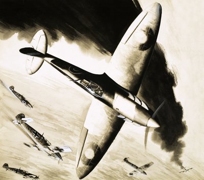 Spitfire non identifié en combat aérien avec des chasseurs allemands - English School