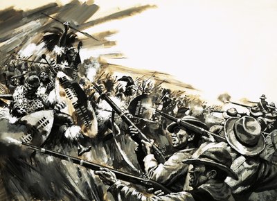 Bataille non identifiée avec des guerriers zoulous, peut-être Roarke