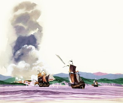 Bataille non identifiée avec des navires à voile tirant sur le rivage et le feu étant rendu - English School
