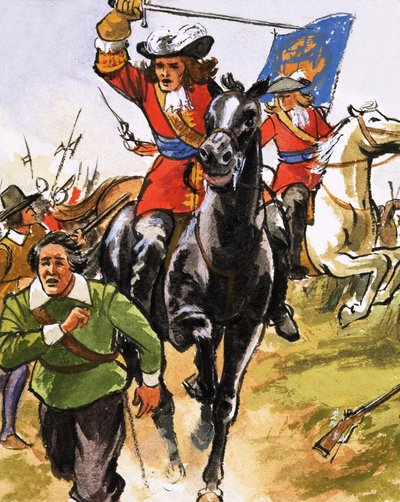 Cavalier non identifié sur le point de frapper un paysan en fuite - English School