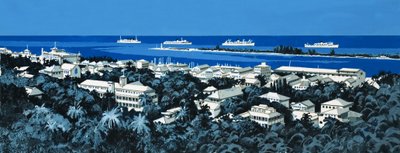 Littoral non identifié avec village et bateaux à l