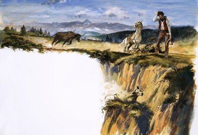Cow-boy non identifié se grattant la tête en se demandant comment sauver un bouvillon - English School