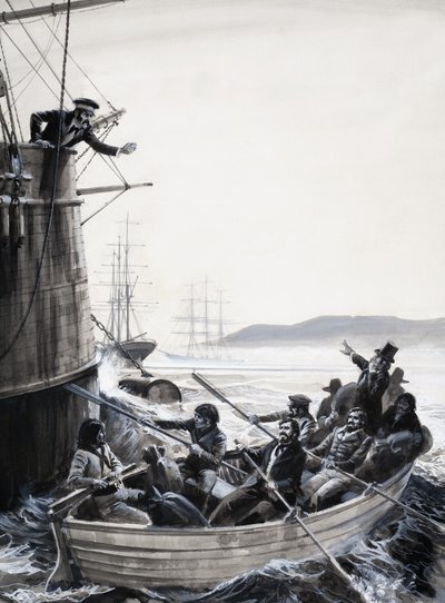 Marins non identifiés (mutins) dans un canot avec un capitaine secouant le poing - English School