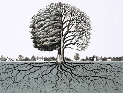 Arbre non identifié, montrant la moitié sans feuilles et le système racinaire - English School