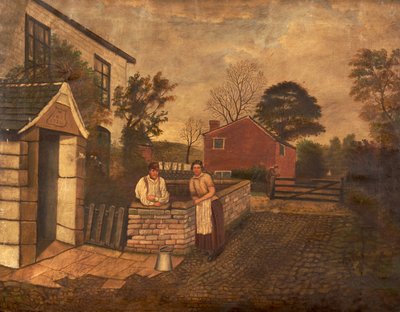 Sans titre (trois figures devant un cottage daté de 1720), vers 1830-70 - English School