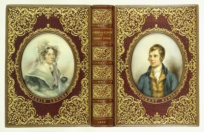 Couvertures supérieure et inférieure, et dos, avec portraits ovales de Robert Burns et Jessie Lewars - English School