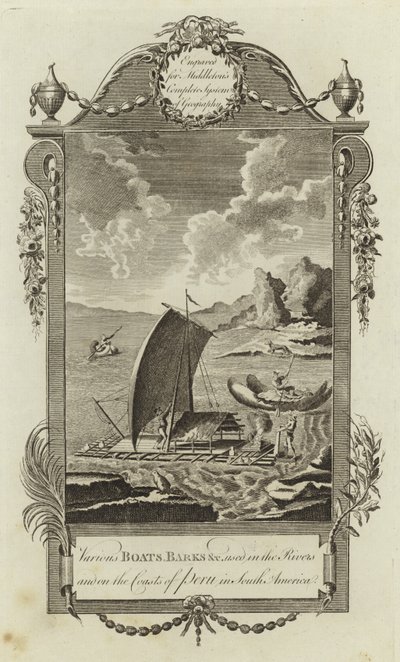 Divers bateaux, barques, etc., utilisés dans les rivières et sur les côtes du Pérou en Amérique du Sud - English School