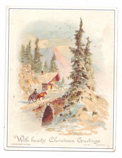 Carte de Noël victorienne avec un homme et deux chevaux traversant un pont, vers 1880 (lithographie en couleur) - English School