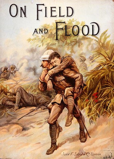 Couverture de livre victorien représentant le chirurgien-capitaine Whitchurch remportant la V.C. en portant le capitaine Baird blessé en lieu sûr sous un feu nourri lors de la campagne de Chitral, Inde, mars 1895 - English School