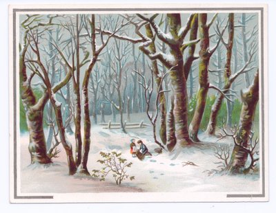 Carte de vœux victorienne avec deux enfants ramassant des branches dans la neige, vers 1880 (lithographie en couleur) - English School