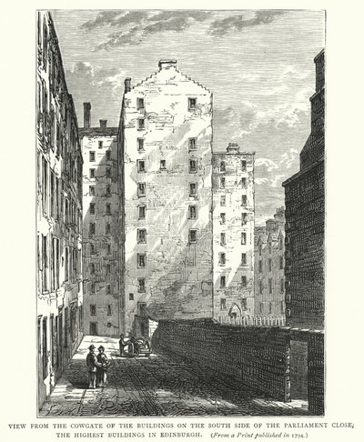 Vue depuis le Cowgate des bâtiments du côté sud du Parliament Close, les plus hauts bâtiments d